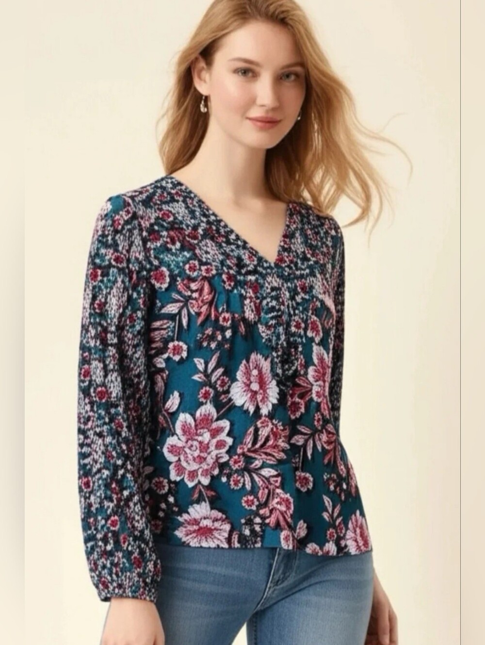 BAND OF THE FREE Anthropologie Josie Blue Floral Print Long Sleeve Blouse M NWT